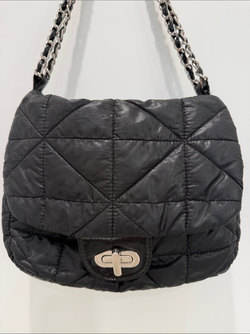 Chico's Quilted Black Puffer Shoulder Bag with Chain Strap